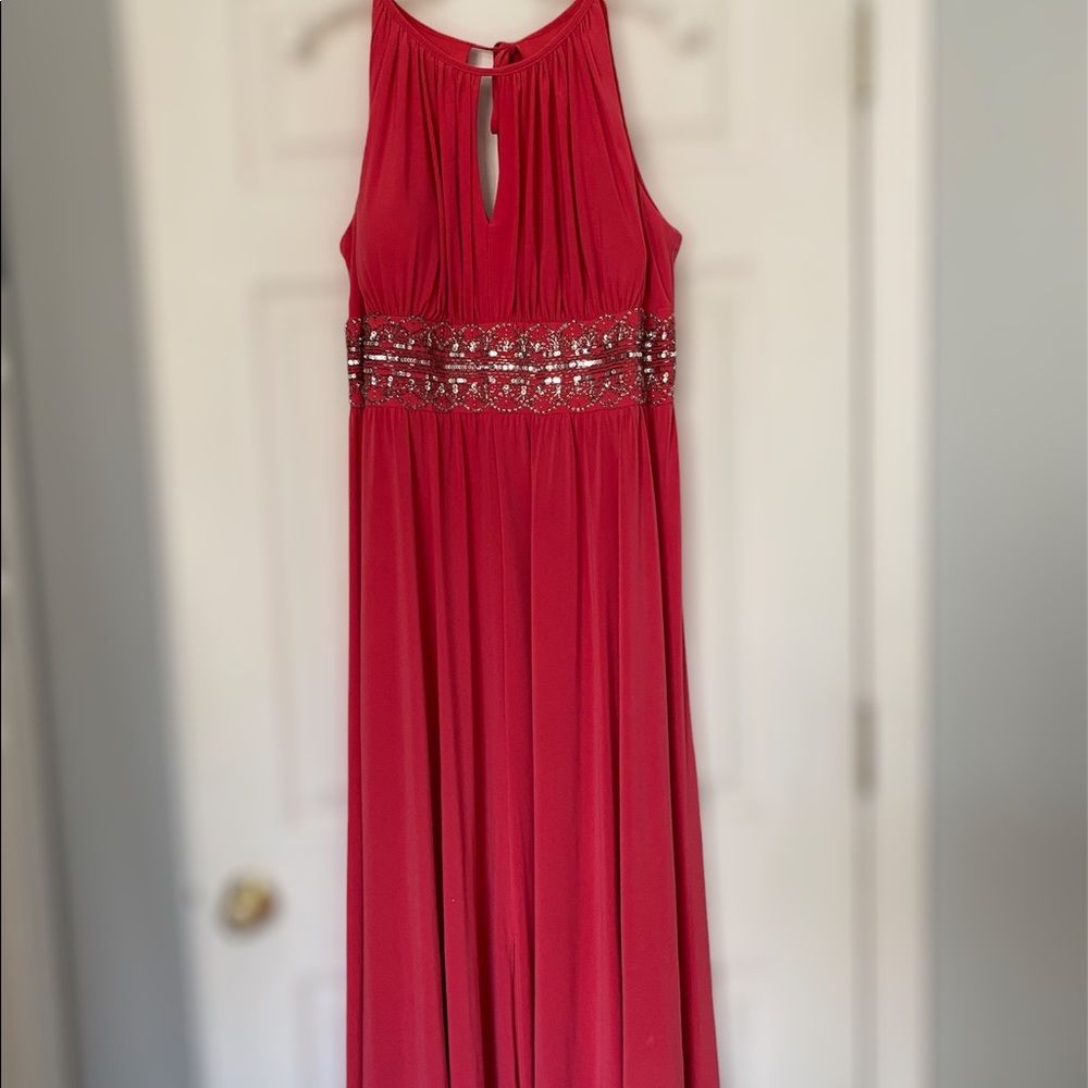 RM Richards Women's Plus Size Beaded Waist Halter Evening Gown